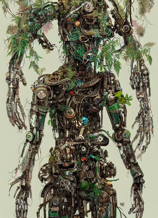 Image similar to hyper - detailed fine painting of a synthetic humanoid hybrid cyborg shaman half cybernetic and half made of plants and wood, concept art magical highlight
