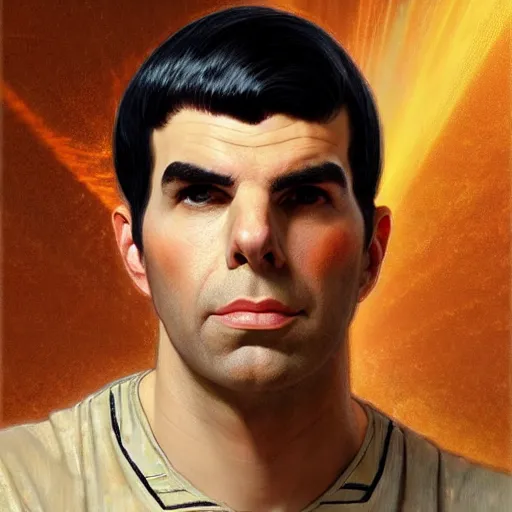 Image similar to portrait of ZACHARY QUINTO SPOCK in ancient Greece, (SFW) safe for work, photo realistic illustration by greg rutkowski, thomas kindkade, alphonse mucha, loish, norman rockwell