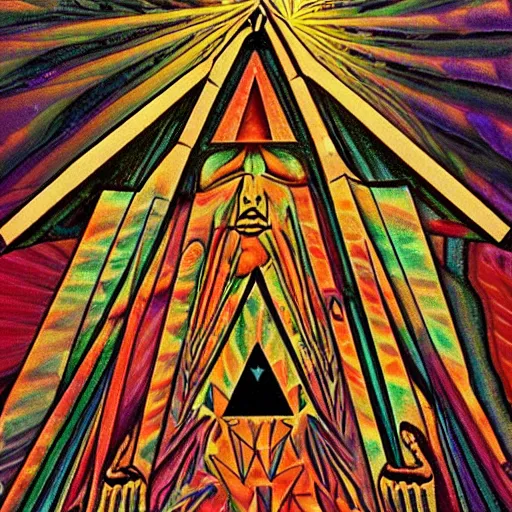 Prompt: man with a pyramid head, psychedelic art, esoteric, optical illusion