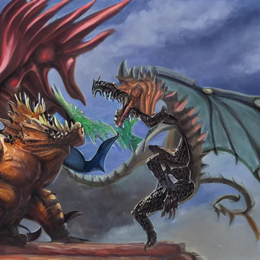 Image similar to dnd dracolich fighting a tarrasque, oil painting