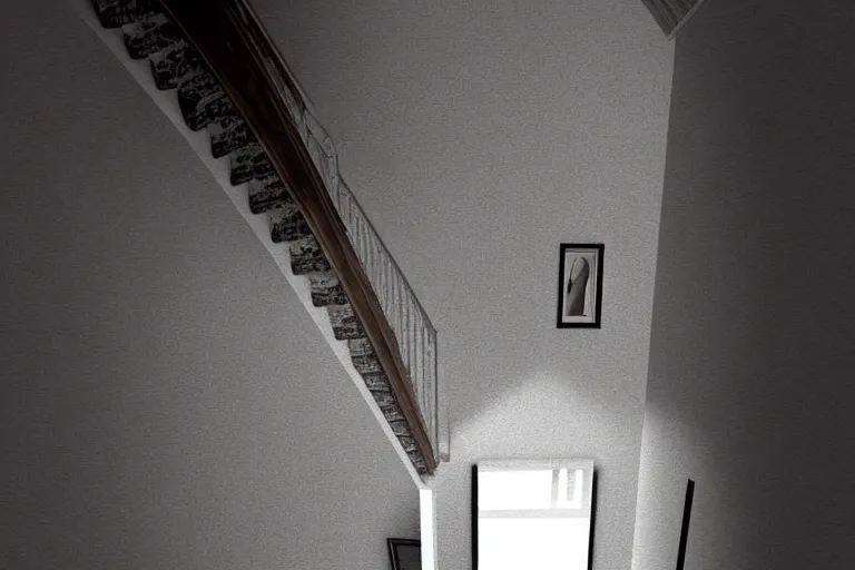 Image similar to looking down stairs in a house at the semi transparent ghost of a man at the bottom, digital art