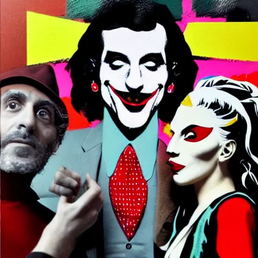 Image similar to richard hamilton and mimmo rottela and banksy as joaquin phoenix skinny joker holding hand lady gaga harley queen, ultra photorealistic, intricate details, pop art style, concept art, 3 colors, 4 d, smooth, sharp focus