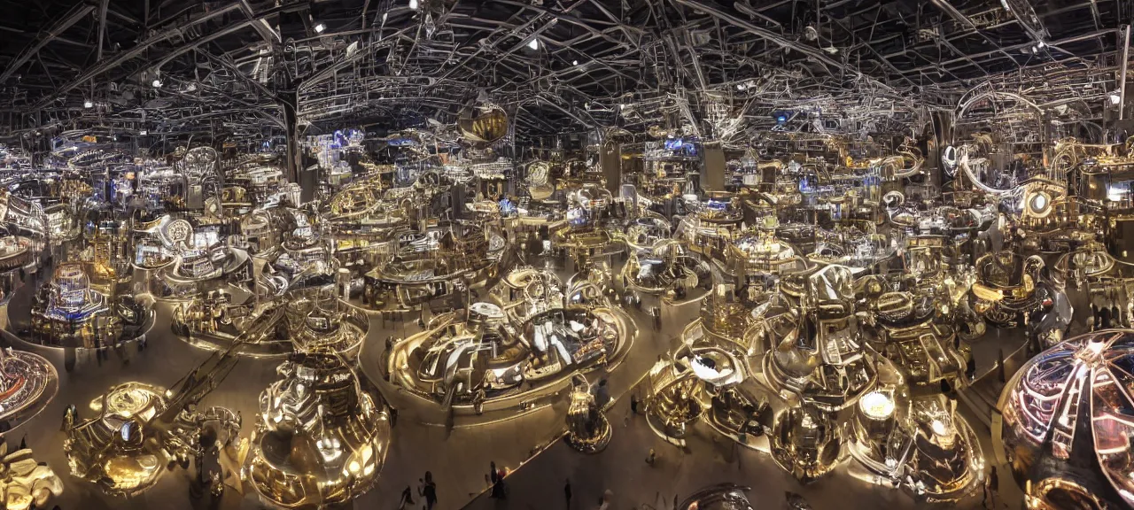 Image similar to A wide view into a showcase full of thousands of different old mechanical futuristic machines, illuminated from top with spolights, in a huge room of a futuristic museum