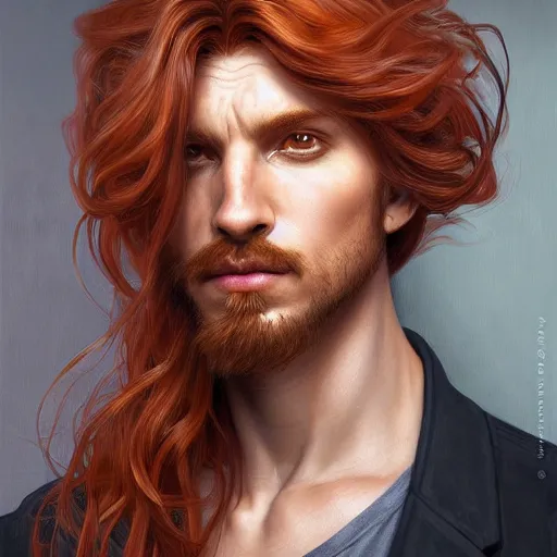 Image similar to portrait of a tiger with a humanoid face, male, handsome, masculine, full body, red hair, long hair, soft hair, fantasy, intricate, elegant, highly detailed, suit, coffee shop, digital painting, artstation, concept art, character art, smooth, sharp focus, illustration, art by artgerm and greg rutkowski and alphonse mucha