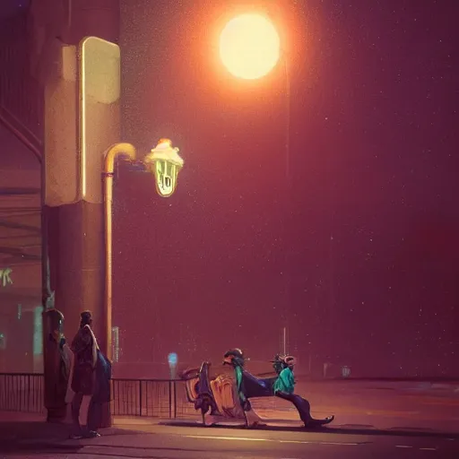 Image similar to some people waiting at bus stop in dark city night : : by beeple and james gilleard and justin gerard : :, centered, artstation, smooth, sharp focus, photoreal octane render, 3 d, by jean - baptiste monge!!!!!!!