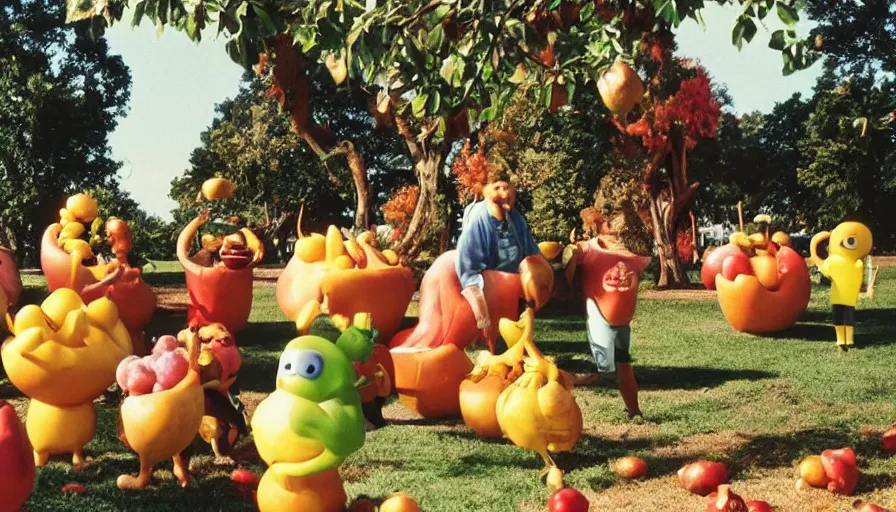 Image similar to 1990s candid photo of a beautiful day at the park, cinematic lighting, cinematic look, golden hour, large personified costumed fruit people in the background, Enormous fruit people mascots with friendly faces, kids talking to fruit people, UHD