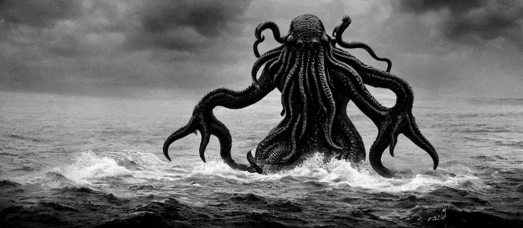 Prompt: A Still of one giant Cthulhu emerged from the ocean, water dripping off him, Cthulhu is gigantic, a tiny boat in the water beneath Cthulhu, you can see this from the beach looking out into a dark a storming ocean, Move shot film, gloomy