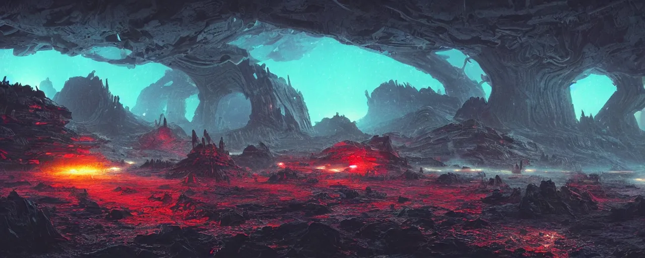 Prompt: ” mysterious and intimidating alien landscape, [ dangerous, cinematic, detailed, epic, widescreen, opening, establishing, mattepainting, photorealistic, realistic textures, octane render, art by slop and paul lehr ] ”