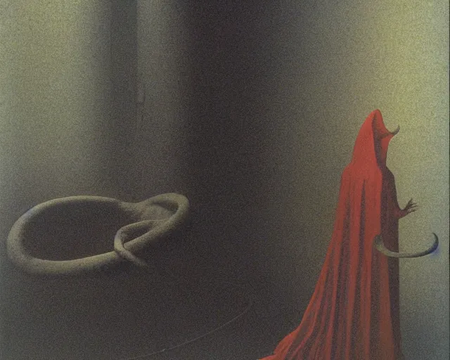 Prompt: lamprey by francis bacon, beksinski, mystical redscale photography evocative. devotion to the scarlet woman in her cathedral, priestess in a conical hat, coronation, ritual, sacrament