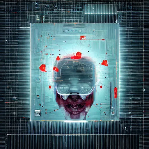 Image similar to a square computer coated in, clumps of hair, wires, leds, thermal sink, electronics,, skin, flesh, blood, guts and teeth, artstation