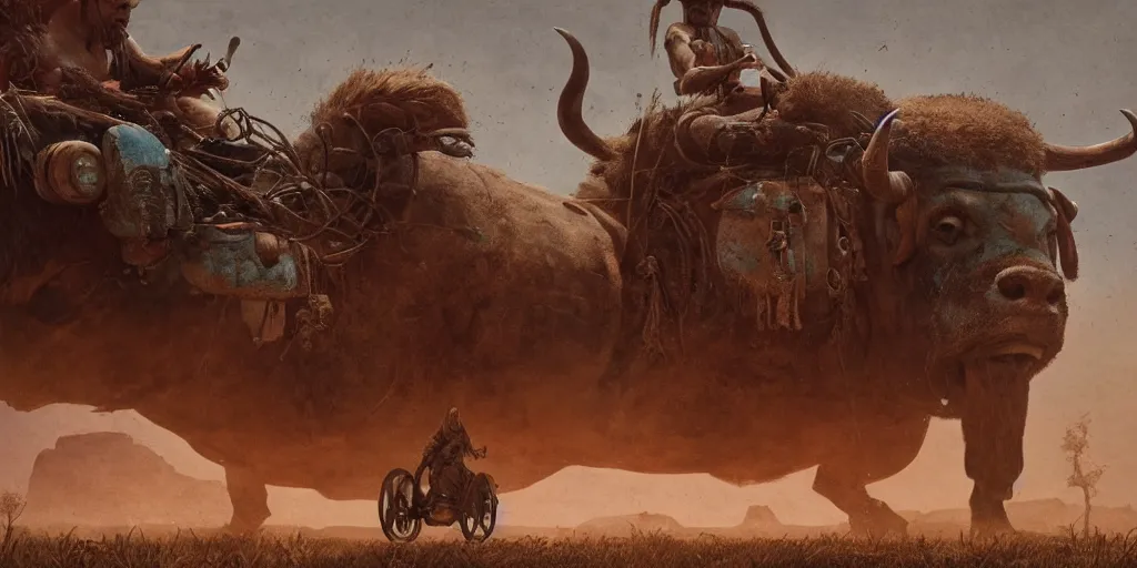 Image similar to an ancient tribesman driving an ancient motorcycle, hunting buffalo ,attacking, chase, action scene, an epic fantasy, dramatic lighting, cinematic, establishing shot, extremely high detail, photorealistic, cinematic lighting, artstation, octane render, by simon stalenhag, horizon forbidden west,old photo, vintage