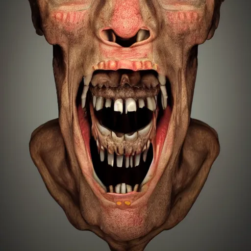 Image similar to horrifying, killer, creepy, dead, open mouth, snapped jaw, detailed, 8 k, hyperrealistic, dramatic lighting, high resolution