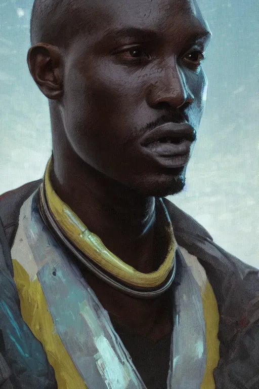 Image similar to a full body portrait oil painting illustration of an african man by justin sweet and greg rutkowski and alphonse mucha with face and body clearly visible, techwear, futuristic, cyberpunk, artstation trending, high quality, sombre mood, artstation trending, abstract colours, no crop, entire character!,