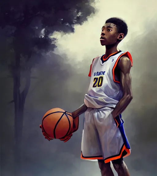 Prompt: portrait of a boy at a basketball court playing basketball wearing a basketball uniform in a basketball court standing near the basketball hoop, poised, intense emotion, detailed facial expression, detailed surroundings, intricate, elegant, highly detailed, centered, digital painting, artstation, concept art, smooth, sharp focus, illustration, by Peter Mohrbacher, WLOP