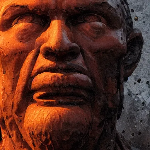 Image similar to a highly detailed epic cinematic concept art CG render digital painting artwork: close up shot of a molten face of a socialist realist statue. Soviet, gloomy, dystopian, night. By Greg Rutkowski, Ilya Kuvshinov, WLOP, Stanley Artgerm Lau, Ruan Jia and Fenghua Zhong, trending on ArtStation, made in Maya, Blender and Photoshop, octane render, excellent composition, cinematic atmosphere, dynamic dramatic cinematic lighting, aesthetic, very inspirational, arthouse