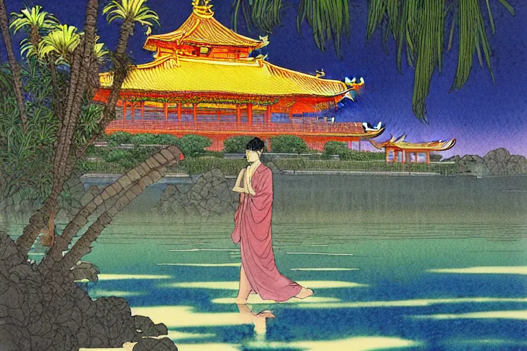 Image similar to a hyperrealist watercolor of a zen water scene at night. buddhist temple in the background. neon roses and palm trees. by rebecca guay, michael kaluta, charles vess and jean moebius giraud