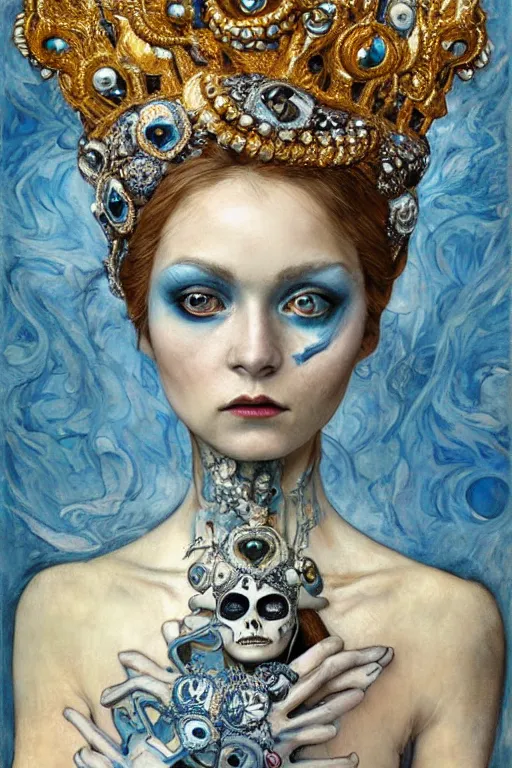 Image similar to The Princess of Bones by Karol Bak, Jean Deville, Gustav Klimt, and Vincent Van Gogh, portrait of a porcelain princess wearing a crown, porcelain ball-joint doll face with blue painted tattoos, pale blue eyes, mystic eye, otherworldly, crown made of bones, ornate jeweled crown, skulls, fractal structures, arcane, inscribed runes, infernal relics, ornate gilded medieval icon, third eye, spirals