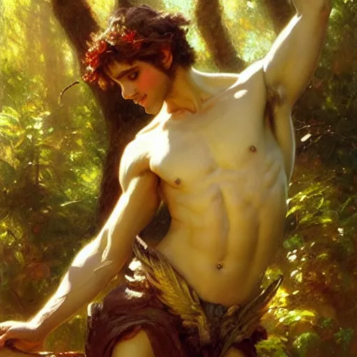 Image similar to attractive male fairy with wings in the forest, posing. highly detailed painting by gaston bussiere, craig mullins, j. c. leyendecker, 8 k