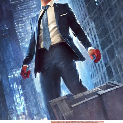 Image similar to ryan reynolds as spider - man, wearing a black and blue suit, cinematic, volumetric lighting, f 8 aperture, cinematic eastman 5 3 8 4 film, photorealistic by greg rutkowski, by stanley artgerm, by alphonse mucha