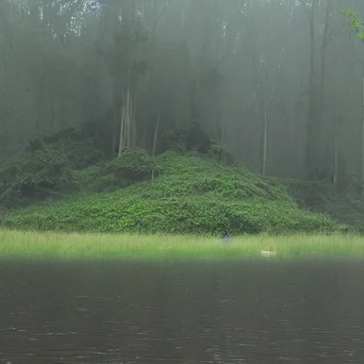 Image similar to hilly island in the middle of a misty fairy swamp, the island has legs, walking island with legs, walking on its legs