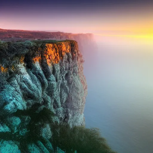 Prompt: cliff landscape with violet water, 8 k, moody, intense color, fog, sunset light, highly detailed, dream landscape, wide, high color saturation,