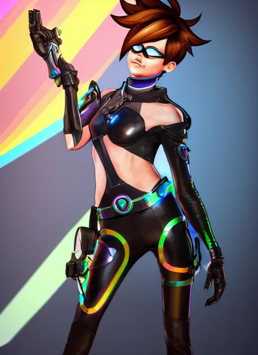 Image similar to full body digital artwork of tracer overwatch, wearing black iridescent rainbow latex, 4 k, expressive happy smug expression, makeup, in style of mark arian, wearing detailed black leather collar, wearing sleek armor, black leather harness, expressive detailed face and eyes,