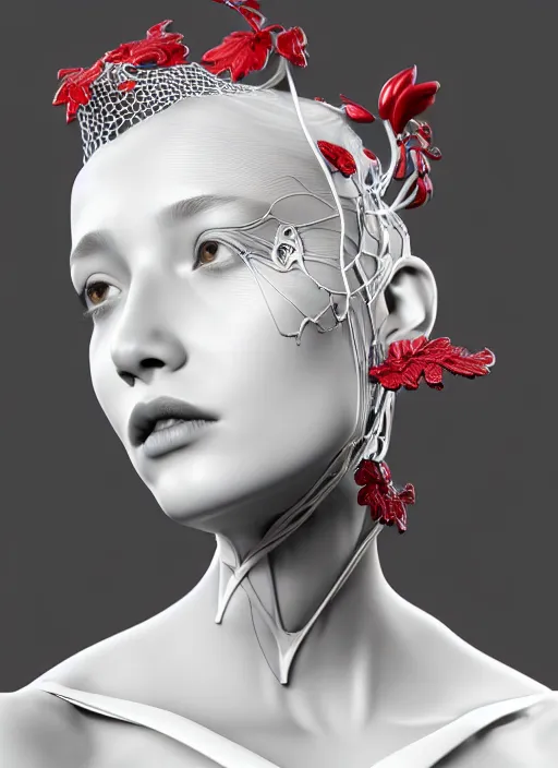 Image similar to complex 3d render ultra detailed of a beautiful porcelain profile young woman face, biomechanical cyborg, 200 mm lens, beautiful studio soft light, rim light, silver white gold red details, magnolia big leaves achromatic and stems, roots, fine foliage lace, mesh wire, Alexander Mcqueen high fashion haute couture, art nouveau fashion embroidered, intricate details, hyper realistic, ultra detailed, mandelbrot fractal, anatomical, facial muscles, cable wires, microchip, elegant, octane render, H.R. Giger style, volumetric lighting, 8k post-production, trending on Artstation