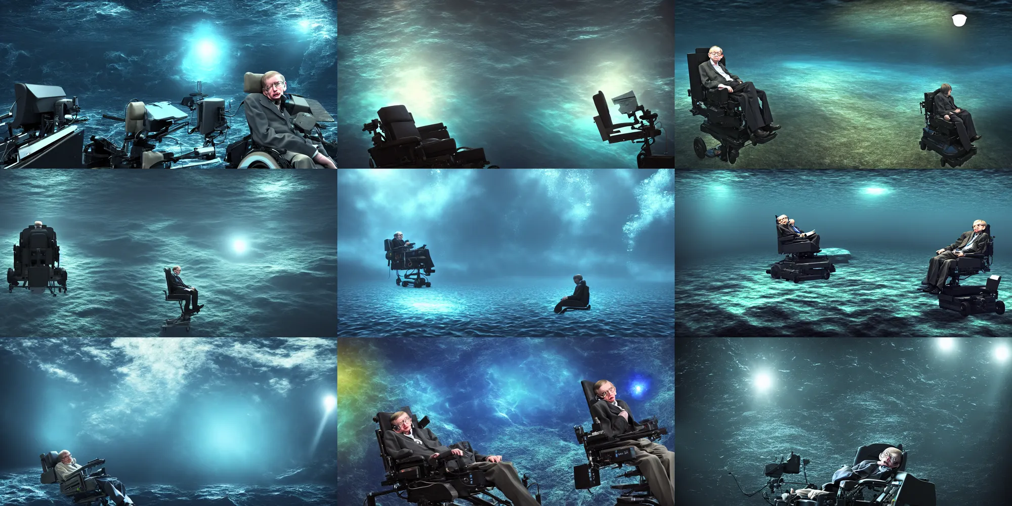 Prompt: Stephen Hawking at the bottom of the ocean volumetric lighting, HDR, polished, micro details, ray tracing, 8k