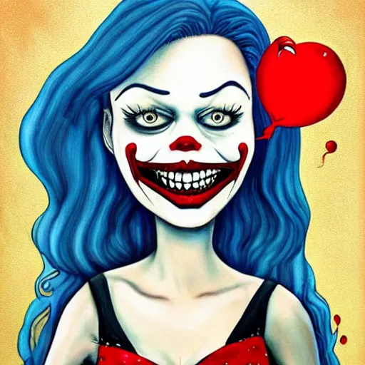 Image similar to grunge cartoon painting of margot robbie with a wide smile and a red balloon by chris leib, loony toons style, pennywise style, corpse bride style, horror theme, detailed, elegant, intricate