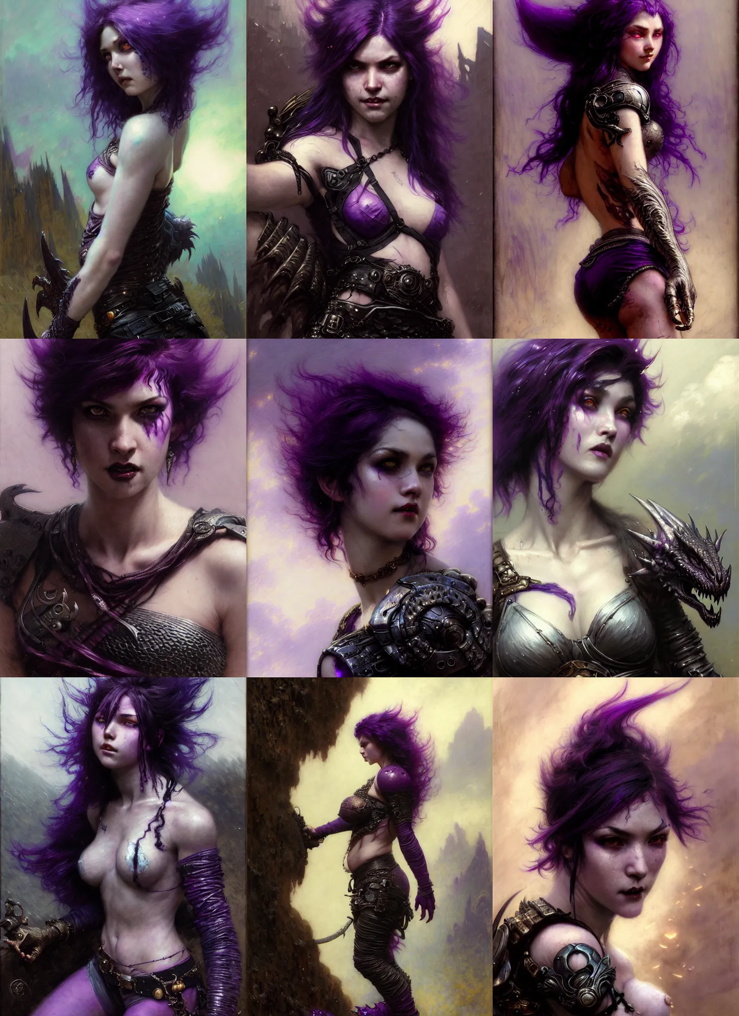 Prompt: mischievous rugged girl, short purple black fade hair, dragon scales, staring happy and seductivelly, fully clothed, detailed, by gaston bussiere, bayard wu, greg rutkowski, giger, maxim verehin, greg rutkowski, masterpiece, sharp focus, cinematic lightning