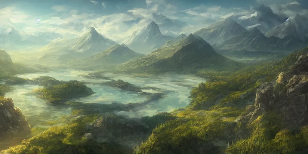 Image similar to fantasy world, in the middle is a huge lake with a little plain around it, behind it are mountains and rivers, intricate, elegant, sharp focus, illustration, highly detailed, concept art, matte, trending on artstation, anime, beautiful sunlight and shadows