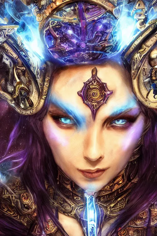 Image similar to Path of Exile, Maven, blue eyes female image with silver purple hair among colourful lights, dark blue spheres fly around, Anachronism, painting, dark fantasy, steampunk, 4k