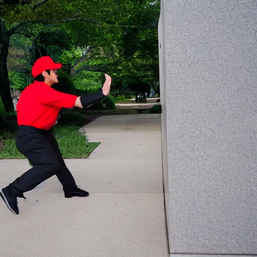 Image similar to mario dancing in front of vietnam memorial, wide angle