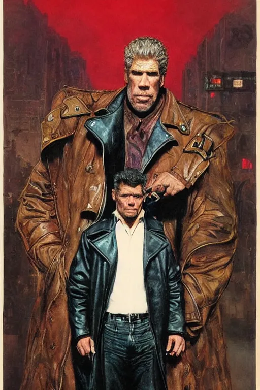 Prompt: full length portrait of ron perlman as a huge tall hulking marvel gangster wearing a leather trench coat standing on street new york, by lawrence alma tadema and zdzislaw beksinski and norman rockwell and jack kirby and tom lovell and greg staples and michael alford