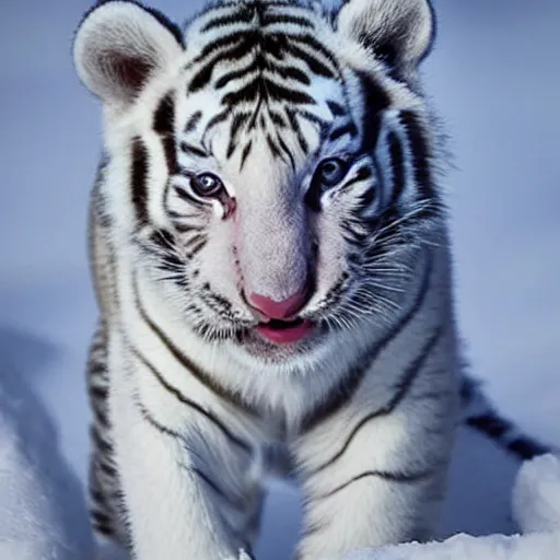 Image similar to a baby white tiger playing in the snow, cutest award winning picture