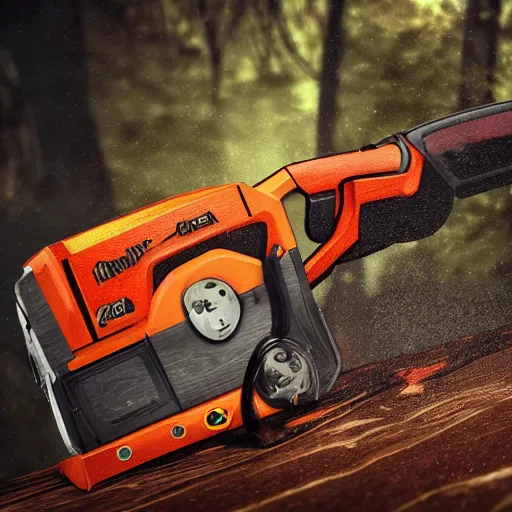 Image similar to photorealistic chainsaw cutting wood. hyperdetailed photorealism, 1 0 8 megapixels, amazing depth, high resolution, 3 d shading, 3 d finalrender, 3 d cinematic lighting, glowing rich colors, psychedelic overtones, artstation concept art.