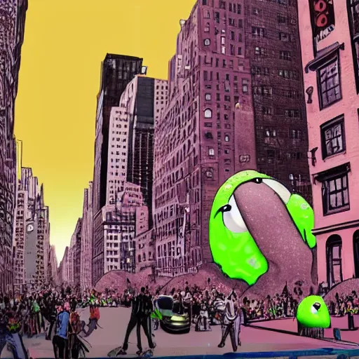 Image similar to huge slime monsters with one eye attacks new york