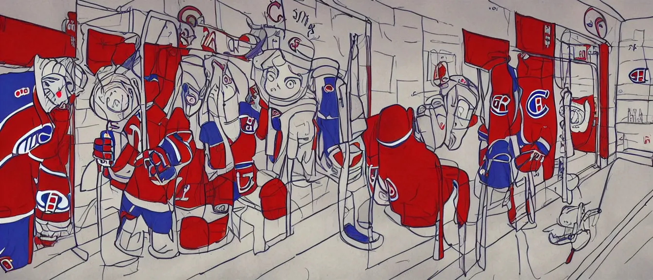 Image similar to montreal canadiens habs centre bell hockey dressing room, style of studio ghibli + moebius + basquiat, cute, detailed,