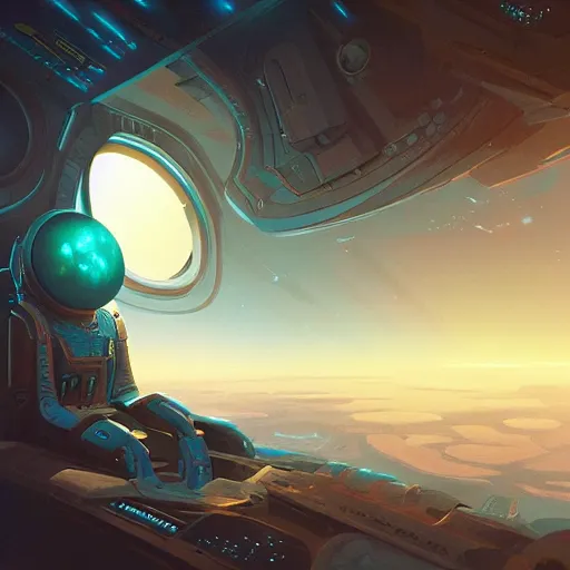 Image similar to An alien looking out of a window in space on a spaceship, collaborative illustration illustrated by Greg Rutkowski and Anton Fadeev, sci-fi art, photorealistic details, intricate details, 4k, 8k.