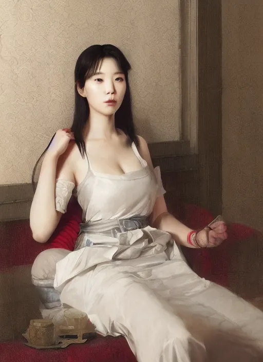 Prompt: portrait of Korean IU in a luxurious hotel from Hotel del Luna, digital painting, concept art, smooth, sharp focus, illustration, from Metal Gear, by Ruan Jia and Mandy Jurgens and William-Adolphe Bouguereau, Artgerm