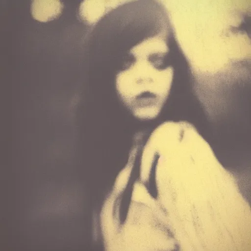 Image similar to a polaroid portrait of a beautiful grunge scene girl, bokeh, lit from behind, heavy film grain, color bleed