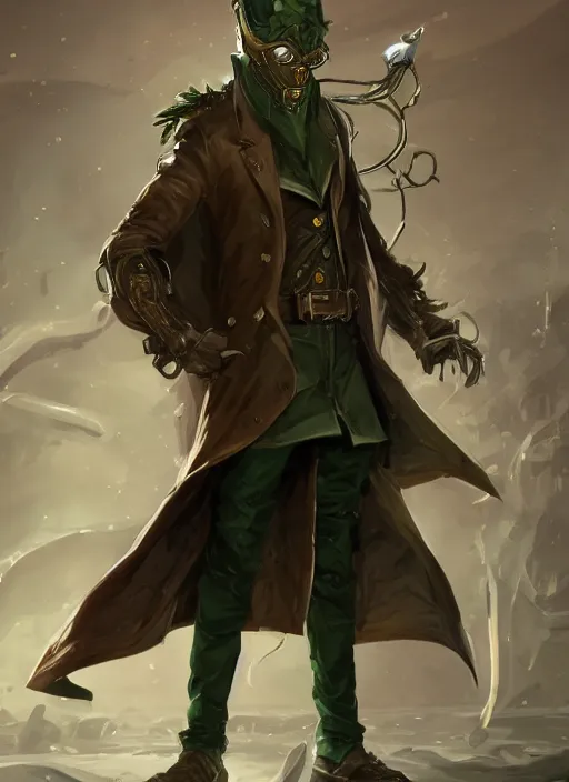 Prompt: a highly detailed illustration of thick wavy brown haired young white guy wearing brown detective trench coat and wearing dark green mask, with many long mechanical arms on his back, dramatic standing pose, intricate, elegant, highly detailed, centered, digital painting, artstation, concept art, smooth, sharp focus, league of legends concept art, WLOP