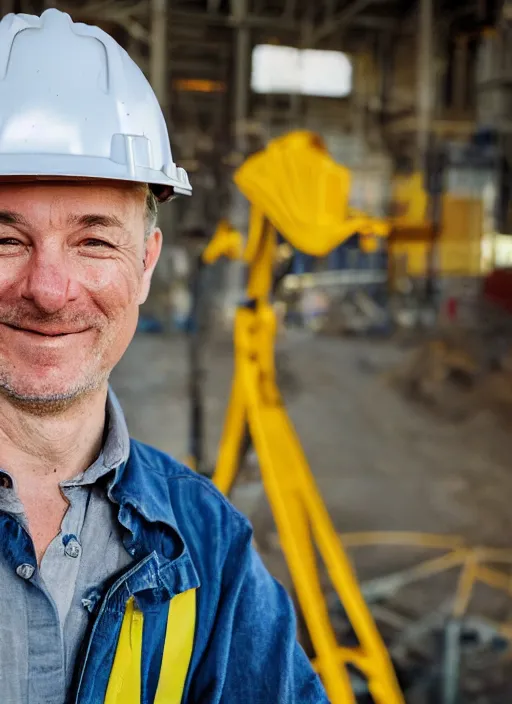 Image similar to closeup portrait of cheerful bryan operating a crane, sitting in a crane, yellow hardhat, sitting in a crane, natural light, bloom, detailed face, magazine, press, photo, steve mccurry, david lazar, canon, nikon, focus