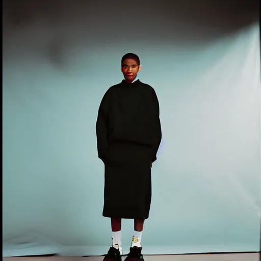 Prompt: realistic photoshooting for a new balenciaga lookbook, color film photography, portrait of a beautiful woman, set design by wes anderson, in style of Tyler Mitchell, 35mm,