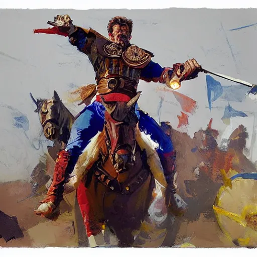 Image similar to portrait of mel gibson as rider with couched jousting lance, colorful caparisons, chainmail, detailed by greg manchess, craig mullins, bernie fuchs, walter everett