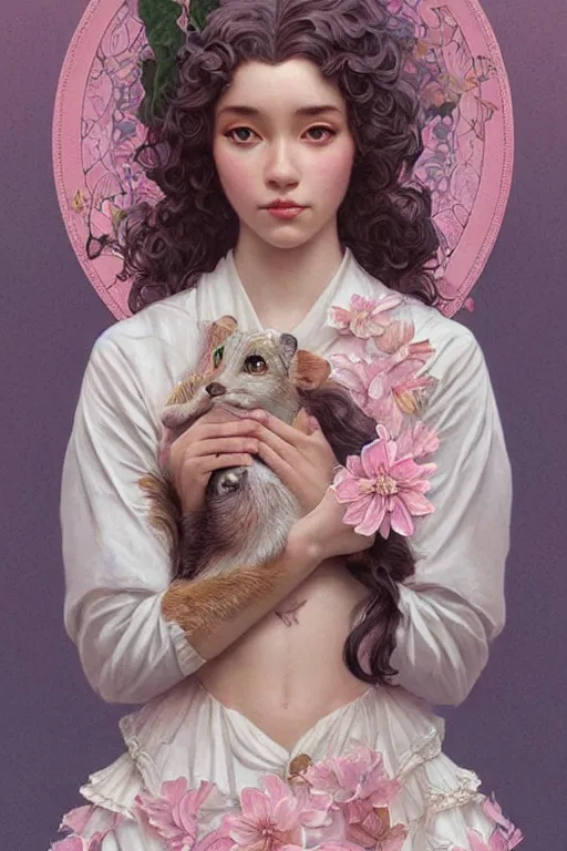 Image similar to beautiful cottagecore doja cat. intricate, elegant. the background is pink !. highly detailed, digital painting, artstation, concept art, smooth, sharp, focus, illustration. . art by artgerm and greg rutkowski and alphonse mucha