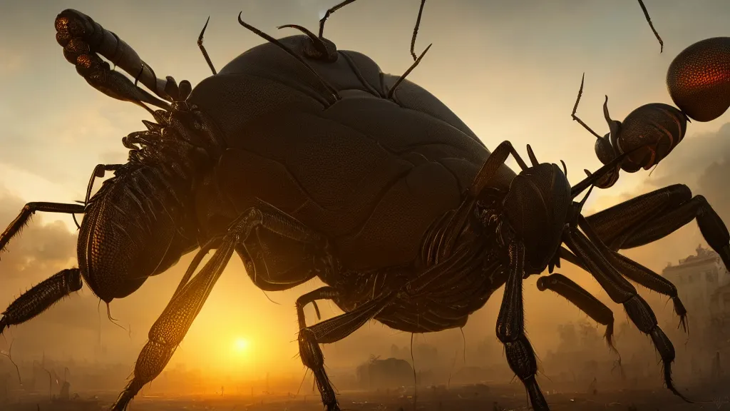 Prompt: giant insects terrorize a town, close up hyperdetailed, artstation, cgsociety, golden hour 8k