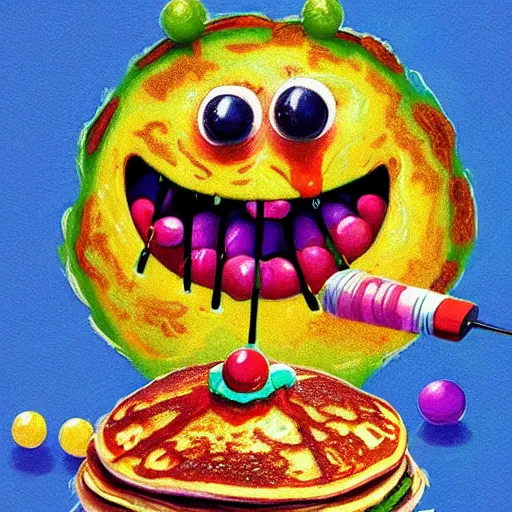 Prompt: a tennis ball monsters eating fluffy pancakes with syrup, colorful, digital art, fantasy, magic, chalk, trending on artstation, ultra detailed, professional illustration by basil gogos