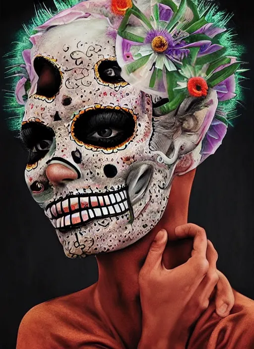 Image similar to dia de los muertos theme surrealist art in the styles of igor morski, jim warren, and aida muluneh, intricate, hyperrealistic, accurate facial details, profile picture with chromakey!!!!! background, volumetric lighting