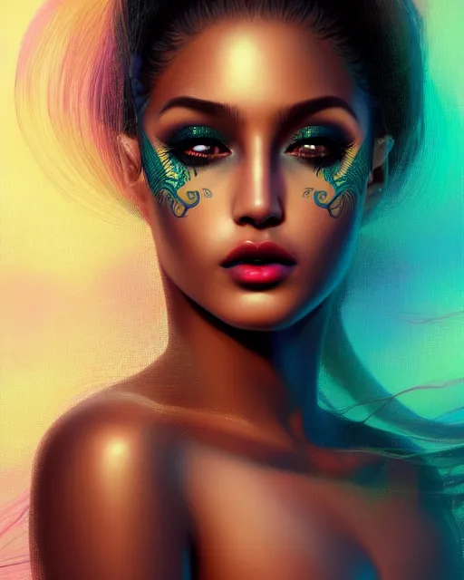 Image similar to ( ( ( portrait of mermaid ) ) ), zoom, rule of thirds, intricate, regal, attractive, brown skin, latina symmetrical!!, makeup, loreal, maybelline, sephora, loreal, artstation, art by artgerm and gonzalo ordonez arias, moody, gotham, concept art, cg society, filmic, vsco